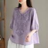 Women Loose Style Top Stylish Women's Embroidered V-neck Tops for Spring Autumn Loose Fit Commuting Style Blouses with Half