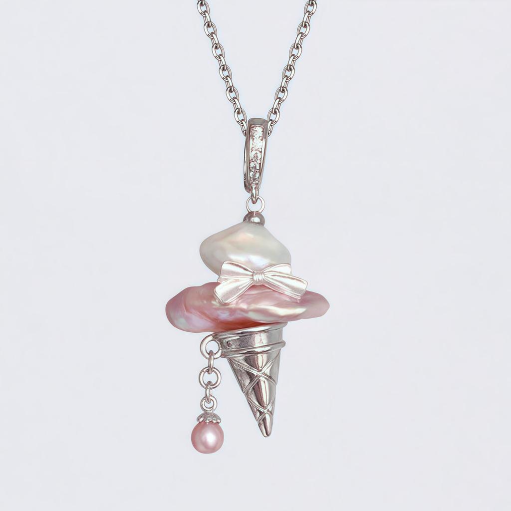 Women's Pearl Bow Pendant Necklace with Ice Cream Cone Charm
