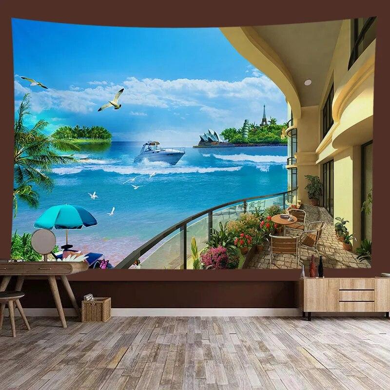 Window Sill Garden Beach View Large Tapestry Wall Hanging Bohemian Hippie Tapestry Room Aesthetic Living Room Home Decoration