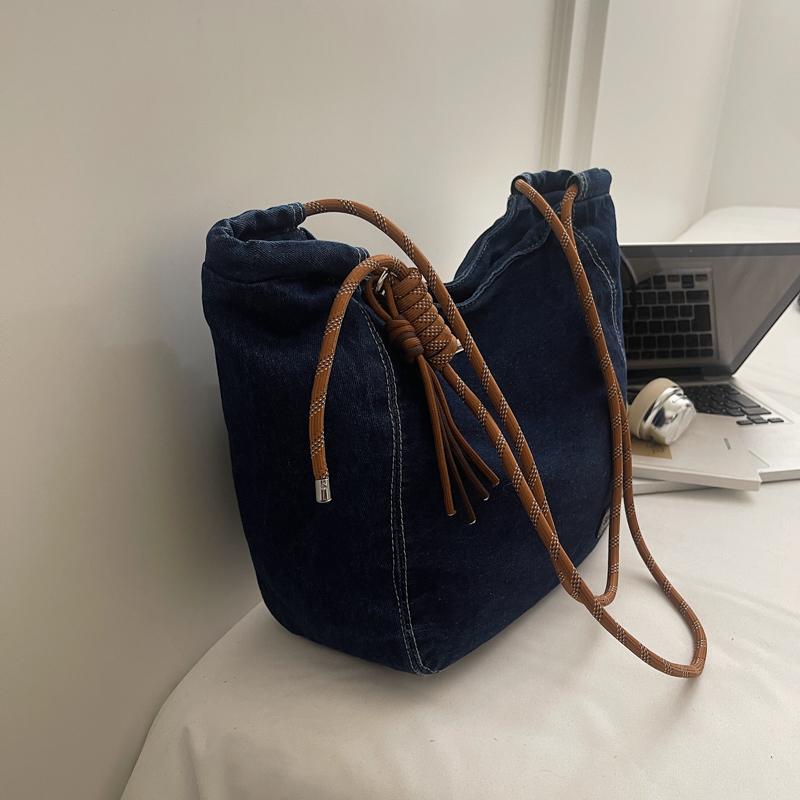 Duża Pojemność Retro Jeansowa Torba Damska Jednokolorowa Na Ramię Crossbody