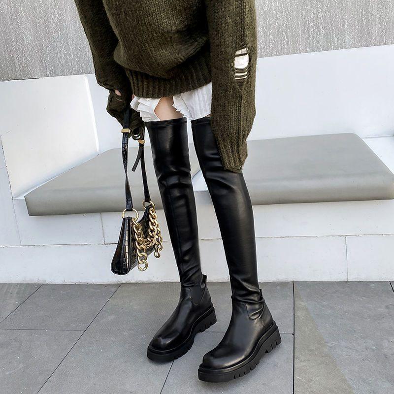 Women's Over-the-Knee Stretch Boots, 2025 Autumn/Winter, Slimming, Round Toe, Flat To Mid-Heel with Thick Sole.