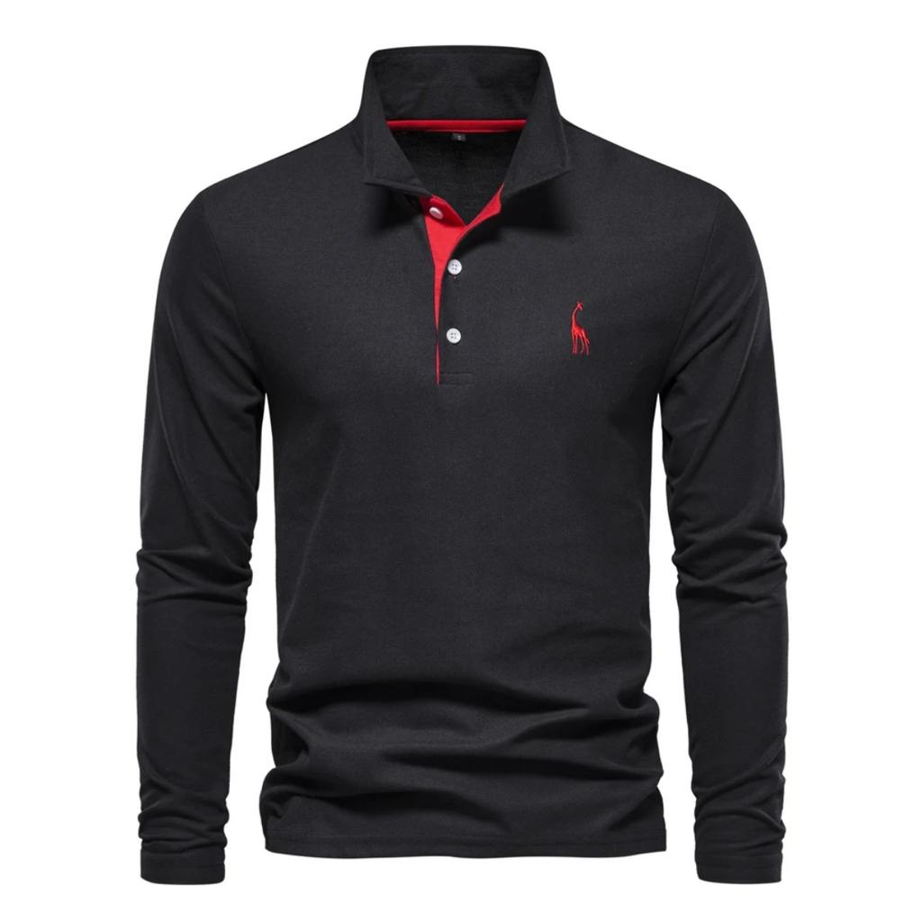 Trend Hub New Men's Deer Embroidery Polo Shirts Solid Color Long Sleeve Social Business Male
