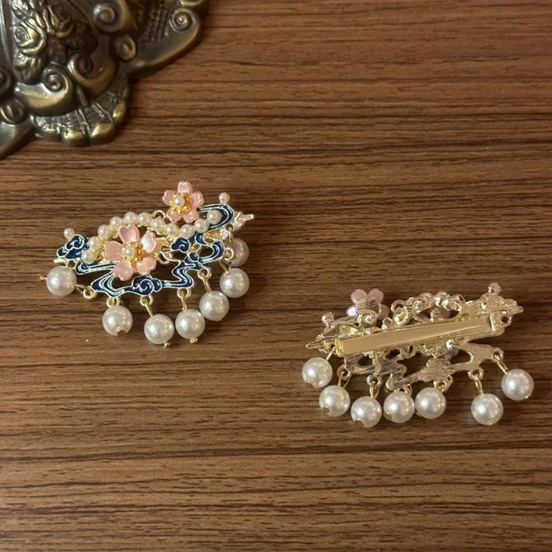 Vintage Chinese Style Pearl Tassel Hair Clips Enamel Flower Hair Pins For Women Hanfu Wedding Hair Accessories