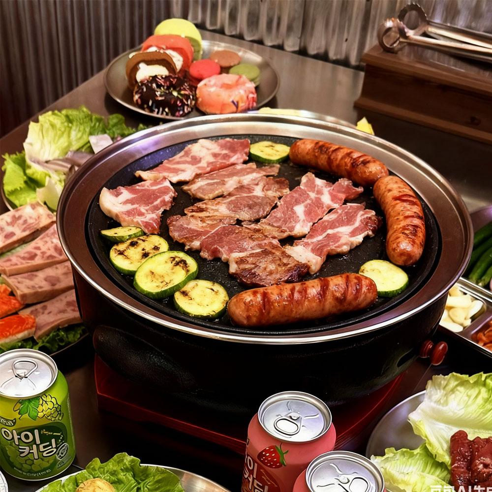 Korean Grill Plate Circular Aluminum Coating Meat Flatbed Triple Flatbed for Camping Board Coal Flatbed Gas and Induction, 295