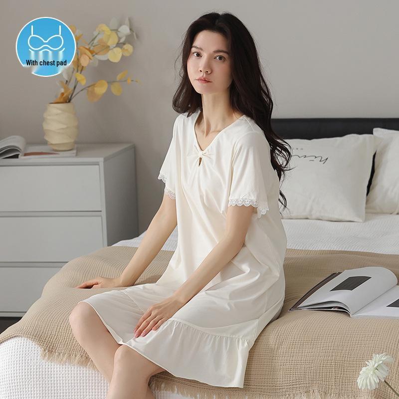 Women's Court Style Cotton Silk Nightgown with Built-In Bra Pads, French Large Size Summer Pajama Dress