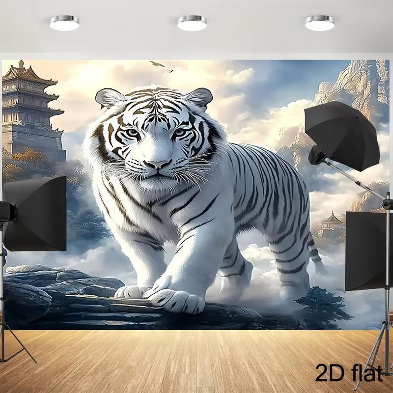 2D Fantasy White Tiger with Misty Mountain & Temple Photography Backdrop 47.2x31.5inch/120*80cm