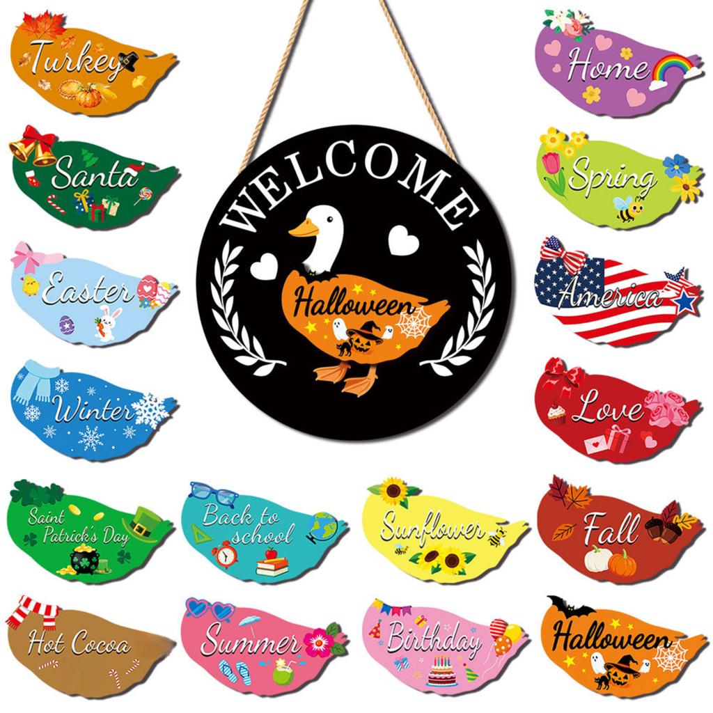Interchangeable Wooden Ornaments, Holiday And Seasonal Decorations, With Magnetic Parts, Replaceable Welcome Signs, Suitable For The Home.
