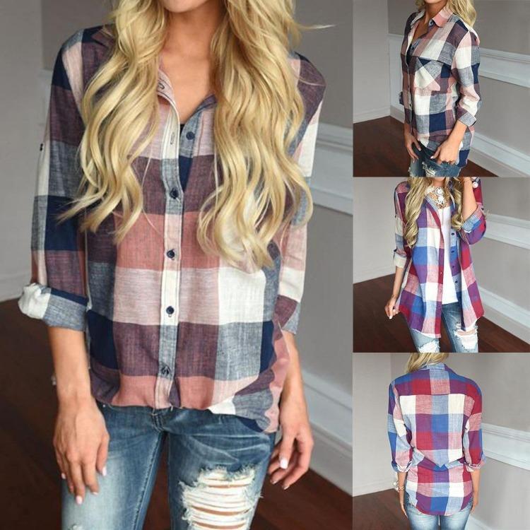 Spring Women Casual Plaid Long Sleeve Lapel Shirt Hot Sale