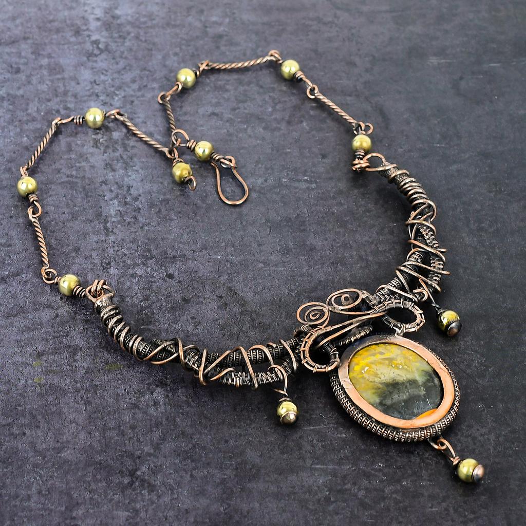 Natural Bumble Bee Jasper Gemstone Copper Wire Wrap Jewelry Necklace 18" V0O72