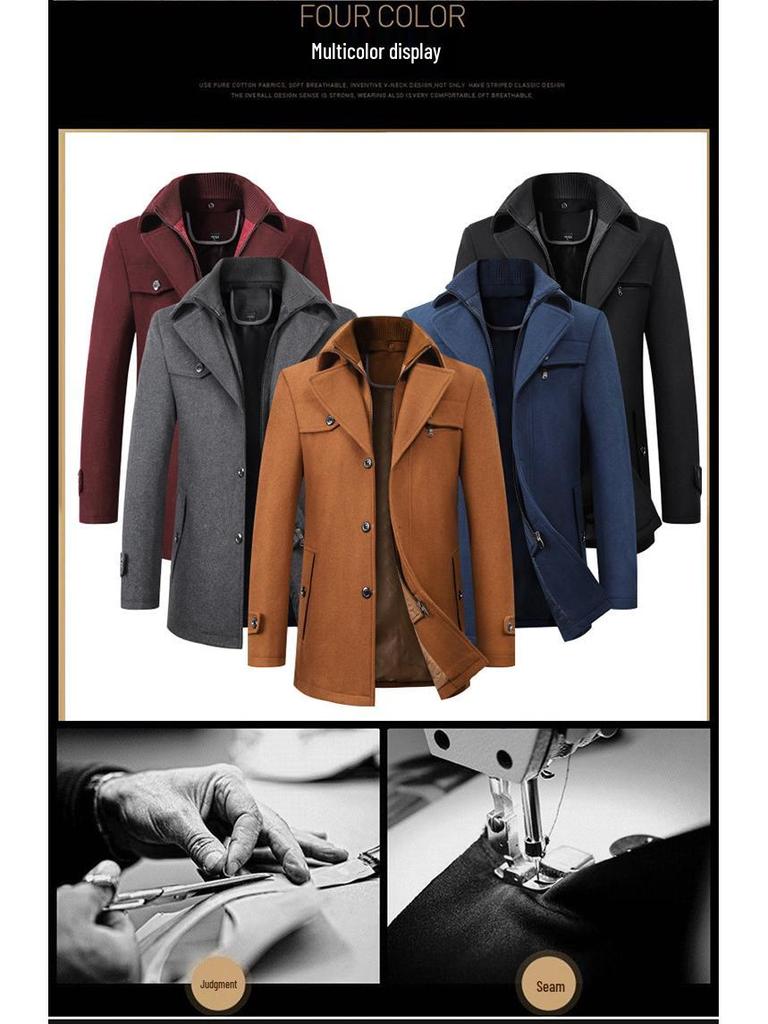 Men's European & American Casual Wool Overcoat - Iron-Free, Solid Color, Fall Wear for Middle-Aged & Elderly with Lapel