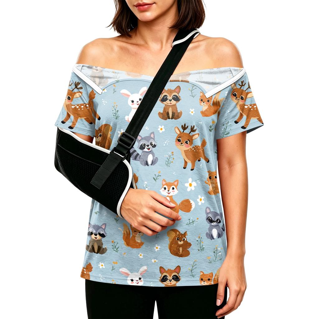 Post Surgery Women Short Sleeve Shirt Cartoon Animal Print Shoulder Zipper Side Velcro Closure Comfortable Fit Medical Recovery Top