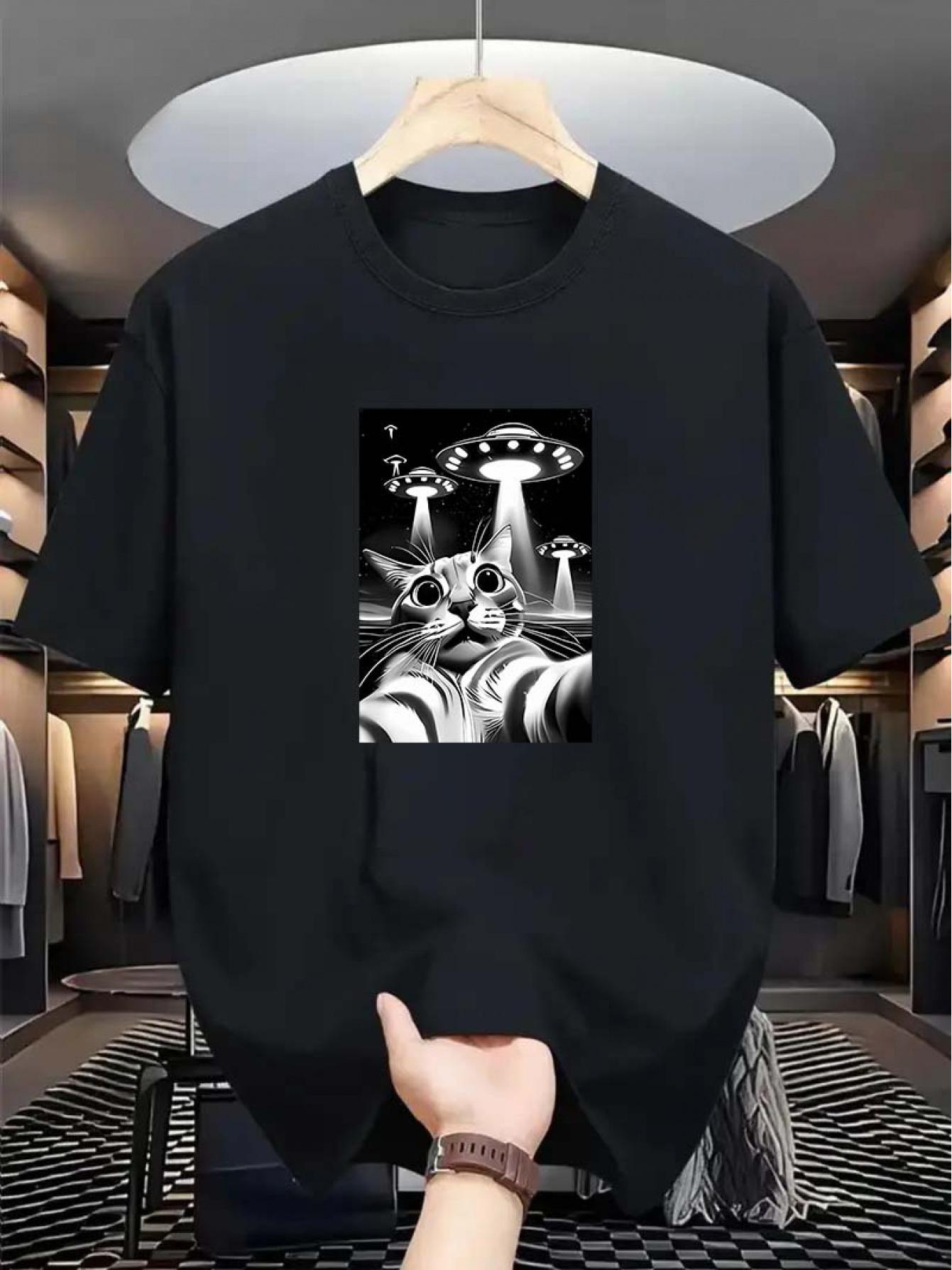 Casual Crew Neck T-shirt with Letter Graphic Print - Breathable Polyester Knit XXXL