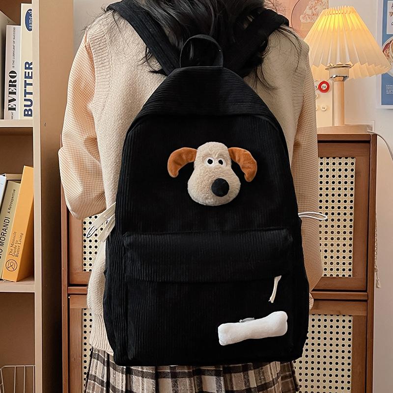 Wind Cute Puppy Schoolbag Female High School Student Corduroy Schoolbag Casual Campus Backpack College Student