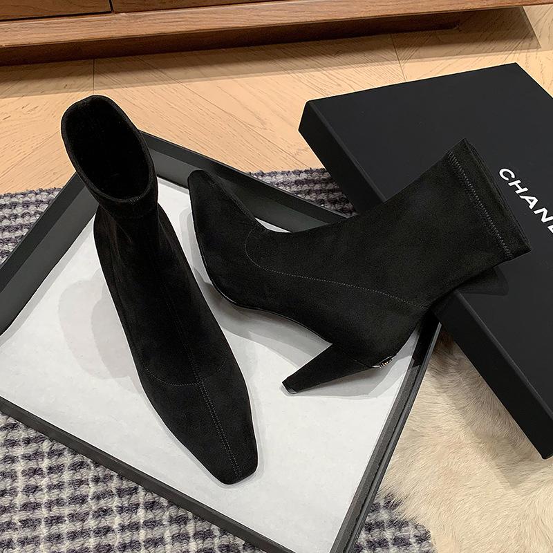 Black fashion simple elastic thin boots 2025 autumn and winter new square head thin heel sleeve one pedal small short boots women