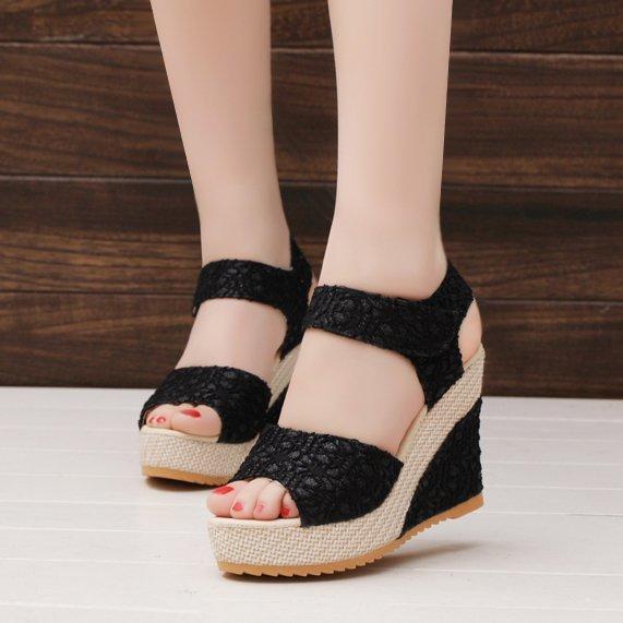 Large size classic wedge heel fish mouth platform sandals summer reticulated beach open-toed women's shoes