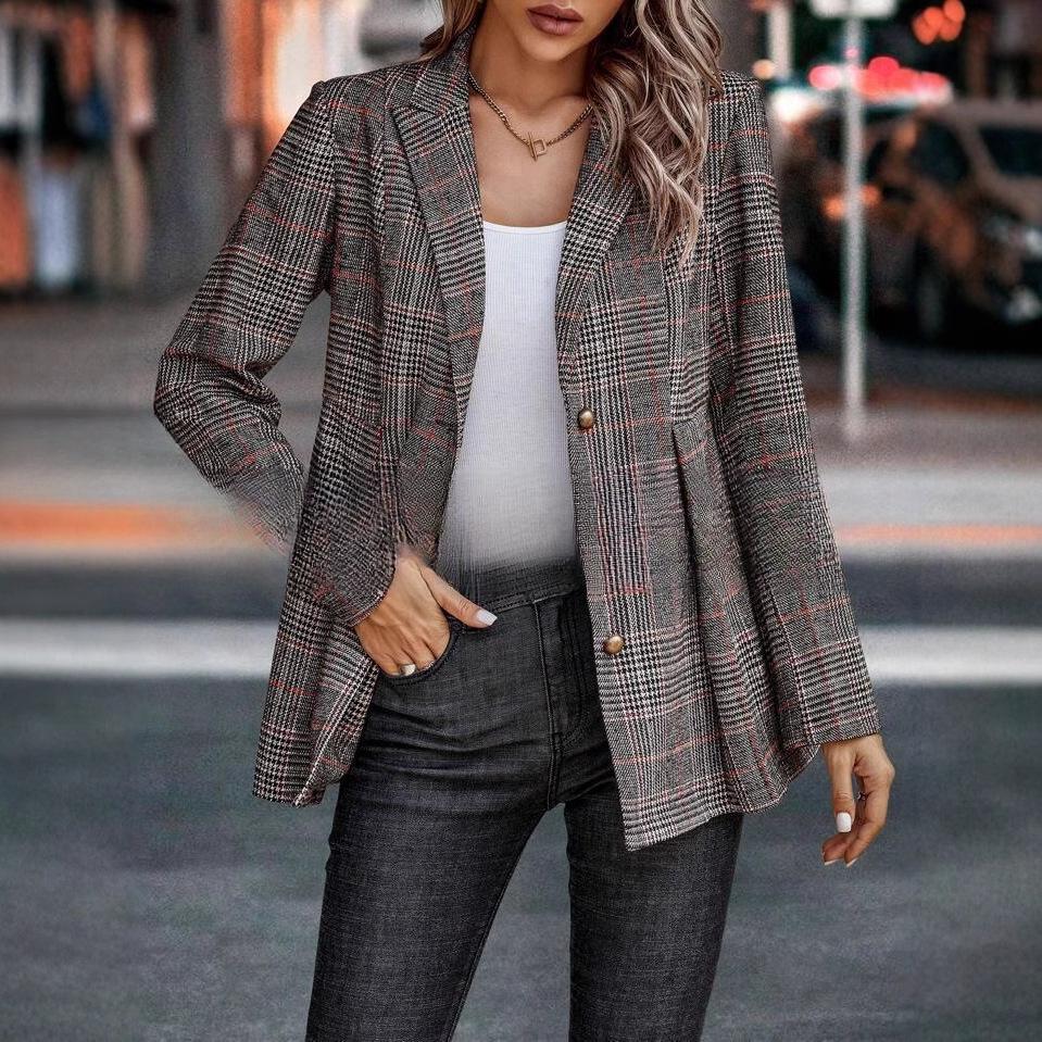 Women's Plaid Blazer Jacket  Casual Outfit,suitable for Both Daytime and Evening Wear.