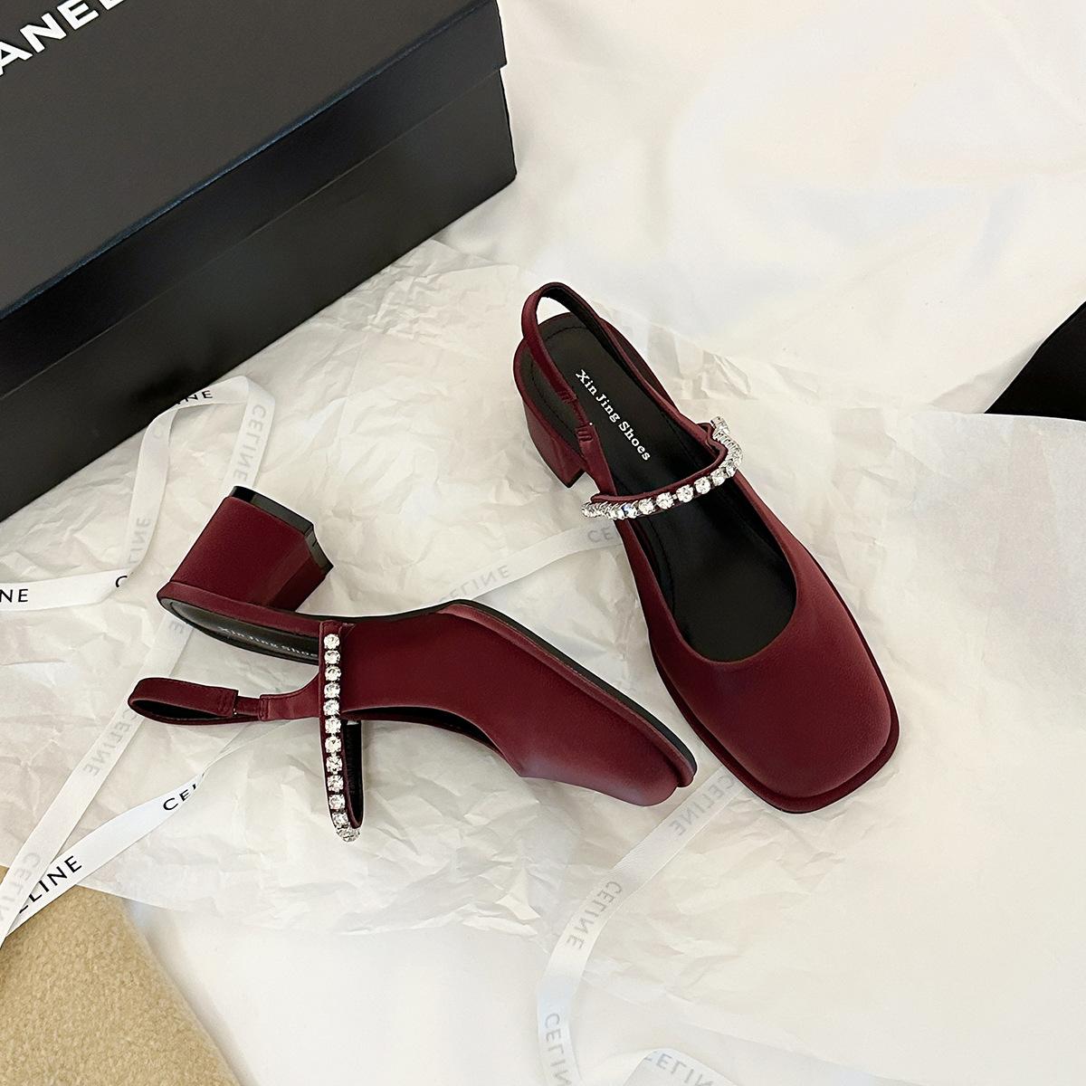 

E9-3 нишевые ретро туфли с квадратным носком на толстом каблуке, одинарные туфли на среднем каблуке с ремешком, новинка весны и осени, банкетные женские туфли 40 бордовый