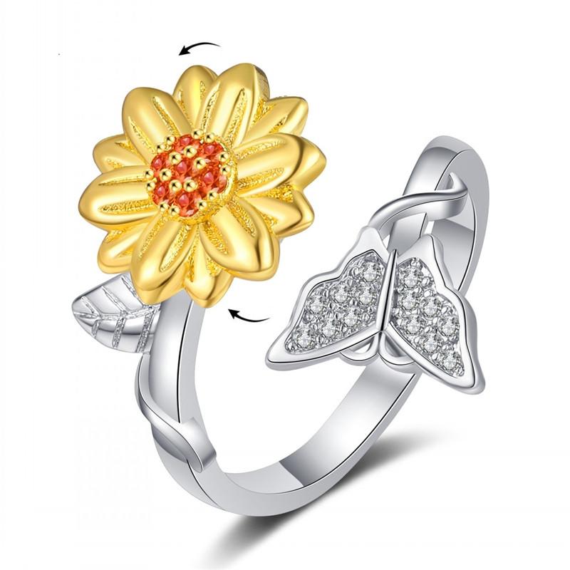 Mote Fidget Spinner Ring Angst for Kvinner Flere Krystall Solsikke Fingerringer Roter Anti Stress Zirkon Bryllupsgave