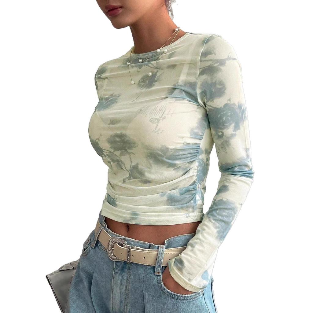European and American spring/summer new elegant women's floral mesh print pleated side short top for women