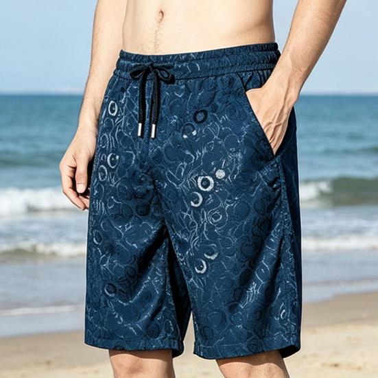 Men Shorts Mid-rise Elastic Waistband Athletic Shorts with Drawstring Pockets Printing Wide Leg Summer Beach Casual Shorts