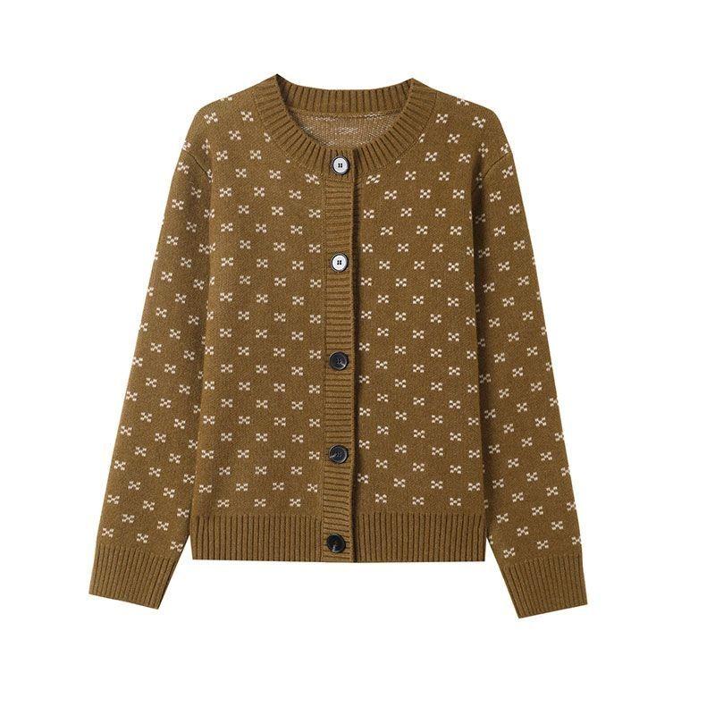 Pullover Damen Rundhalsjacke Lockerer Cardigan Geometrisches Grafikmuster Kontrastfarbe Knopf Langarm Körper