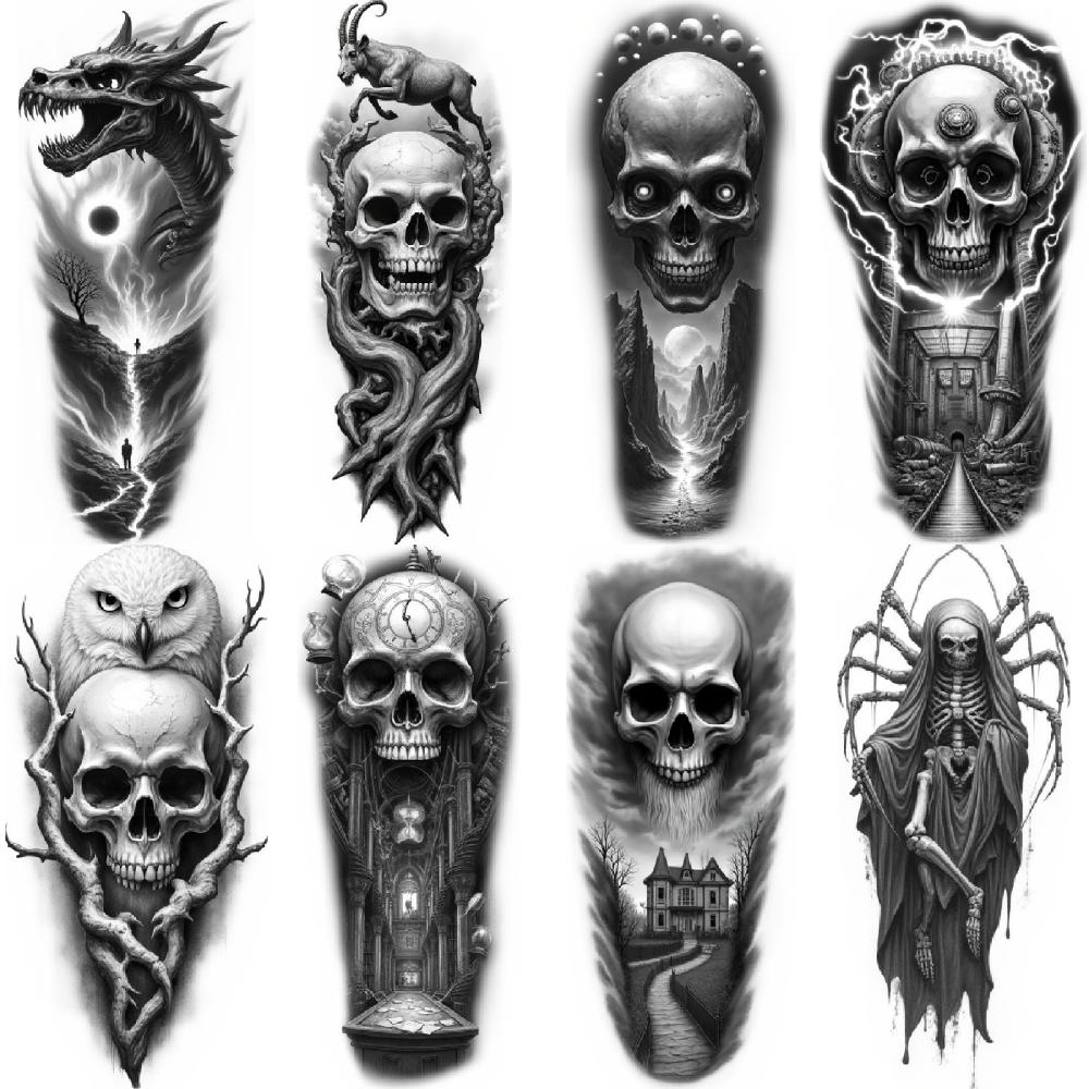 3pcs Temporary Tattoo Waterproof Long-lasting Body Stickers Owl And Skull Skeleton Bird Skull With For Men Thighs Adults