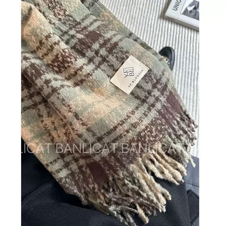 Korean Style Imitation Cashmere Plaid Scarf - Women's Warm, Thick, and Versatile Neck Warmer for Fall and Winter.