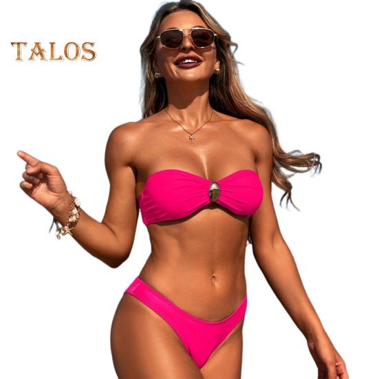 

2 шт./компл. женский купальник бандо с подкладкой без косточек бюстгальтер с высокой талией плавки комплект однотонный раздельный дизайн пляжная одежда XL розы красного