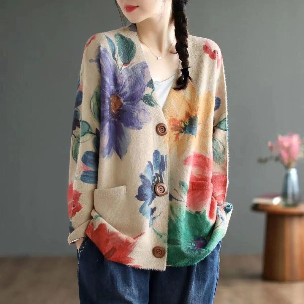 Vintage Autumn Winter Faux Mink Print Cardigan - Women's Loose Slimming Long Sleeve Knit Top