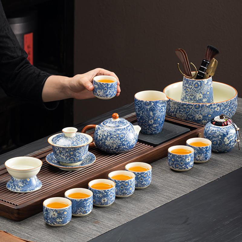Flower tea set High-end set Household Ru kiln Kung Fu complete set of tea set Cover bowl Living room Tea business