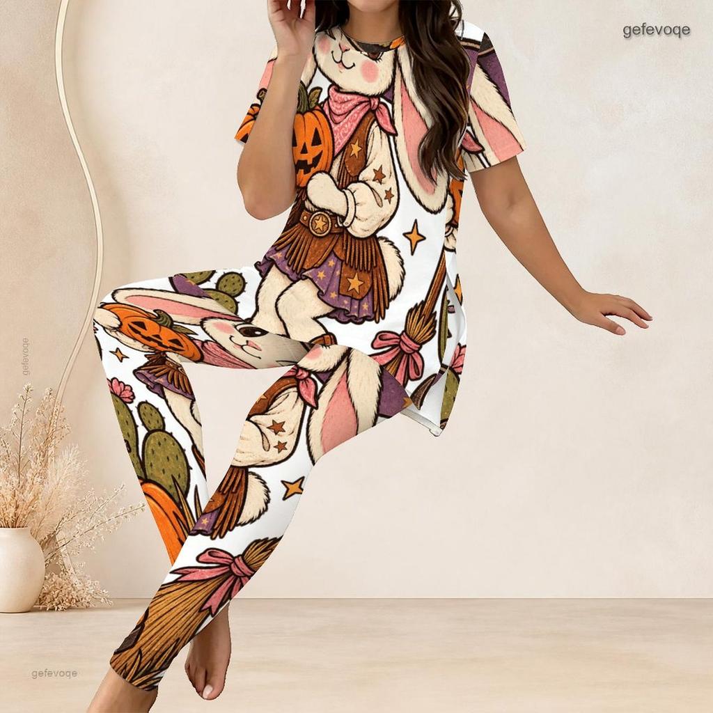 Women Plus Size Two Piece Set Round Neck Short Sleeve Cartoon Lamb Printed Top Fitted Long Pants
