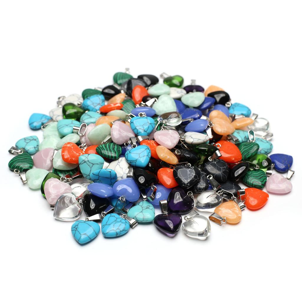10Pcs, Natural Stone Heart Pendant, Spiritual Healing Crystal Turquoise Agate Amethyst Gems Charms for Jewelry Making DIY Necklace Accessories Crafts