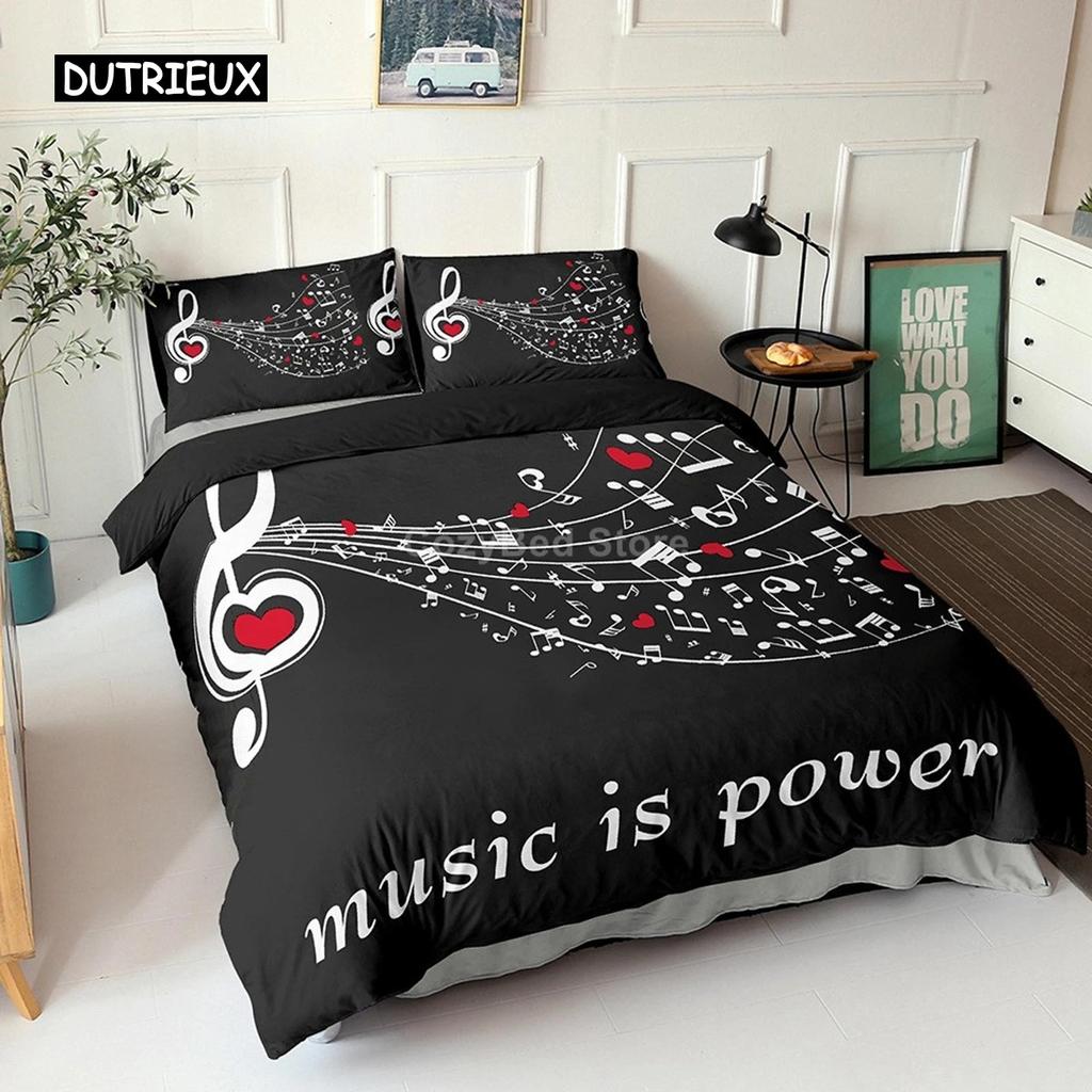 Muzyka Czarny Biały Zestawy Poszewek na Kołdrę Kołdra Łóżko Queen King Rozmiar Instrument Muzyczny Fortepian Zestaw Pościeli Nastolatek Dorosły Dekoracja Sypialni
