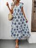 Summer French Resort Style Deep V-Neck Printed Maxi Dress