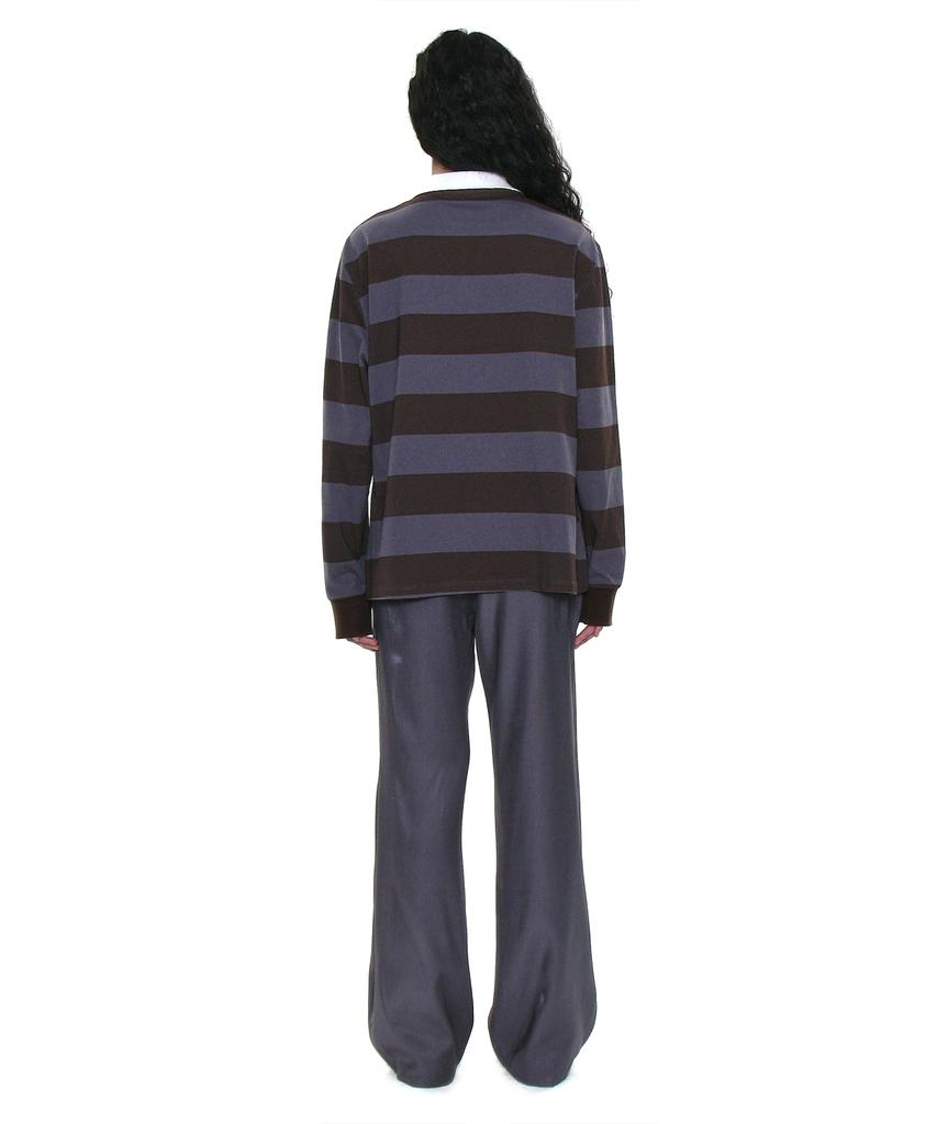 PARTIMENTO WOMEN Wide Stripe Long Sleeve Polo Tee_Brown