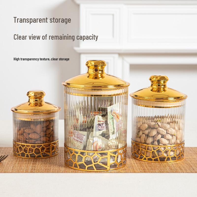 Golden Sealed Food-Grade Transparent Storage Jar with Lid for Dried Fruit and Snacks – Moisture-Proof Ornament