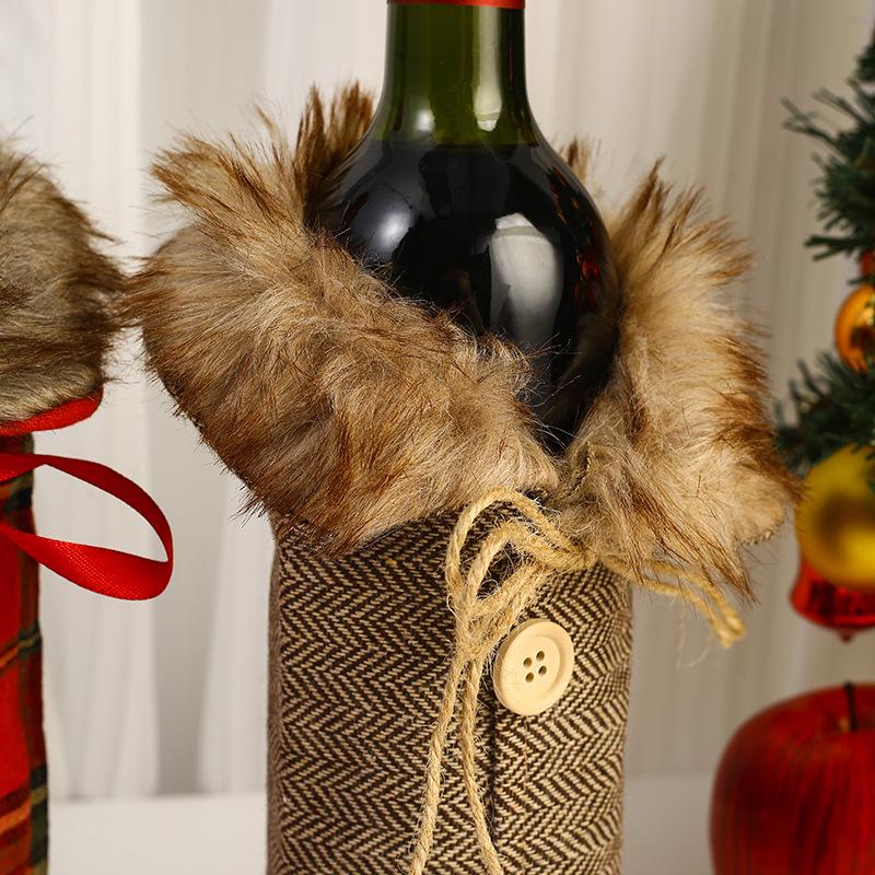 European & American Christmas Wine Bottle Cover with Bow Knot and Burlap Fur Collar