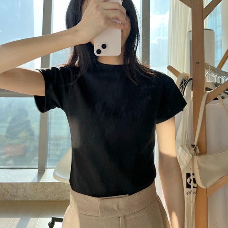 Women's Summer White Slimming Round Neck Short Sleeve T-Shirt: Fashionable, Versatile, and Age-Reducing Basic Top