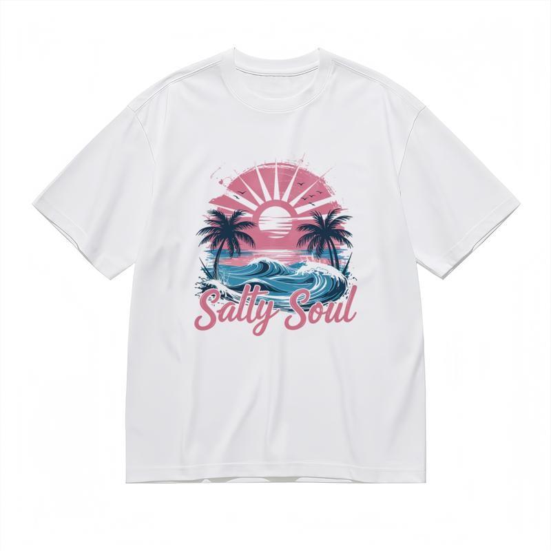 

Men s Trend Classic T-Shirt Pink Sunset Ocean Scene with Salty Soul Graphic Tee S