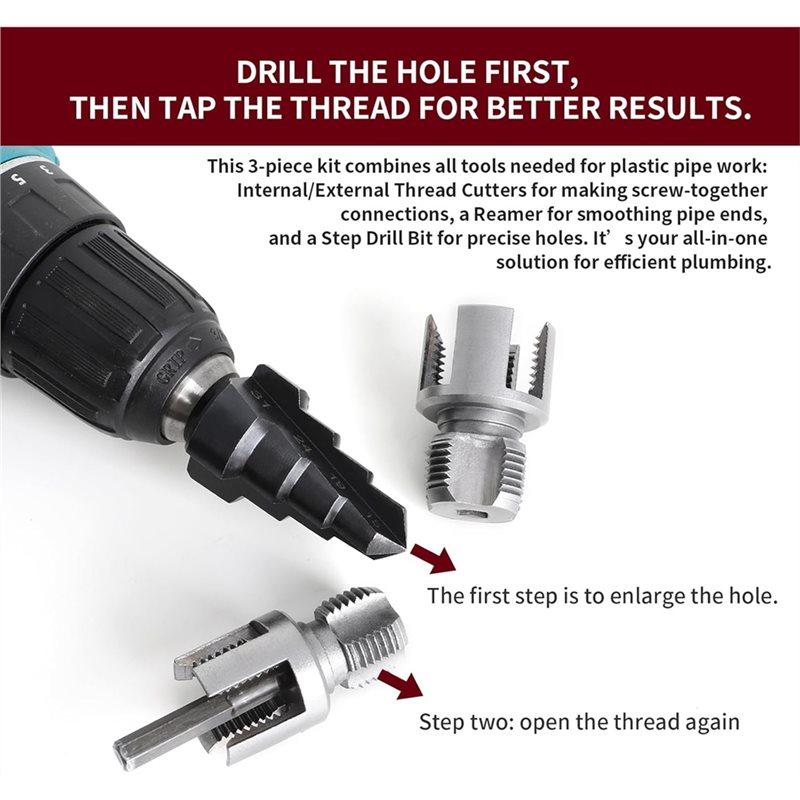 ABBP-3Pcs PVC Pipe Threading Tool Kit, Includes 1/2" & 3/4" Internal/External Thread Cutters, Reamer And Step Drill Bit