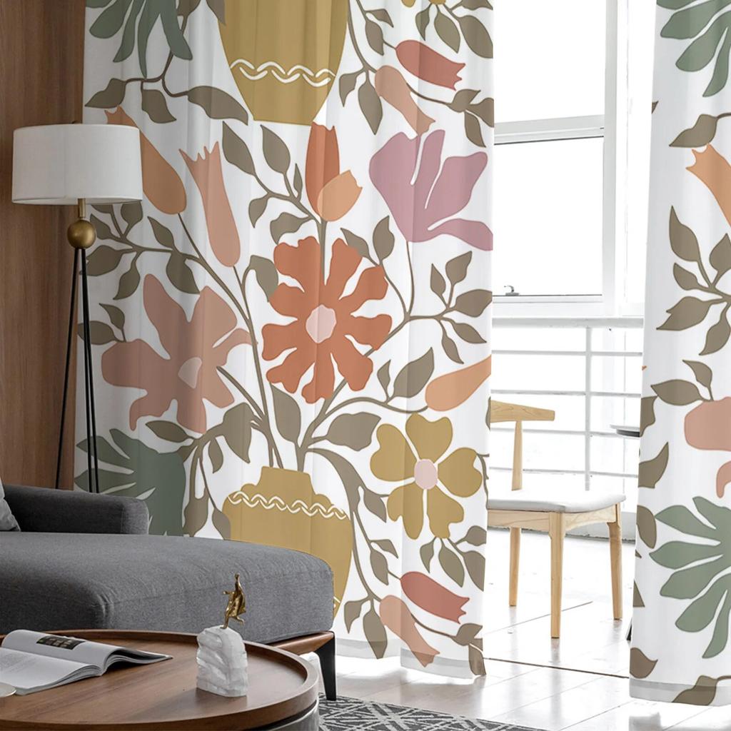 Line Color Block Flower Leaves Bedroom Transparent Sheer Curtains Holiday Decoration Window Voile Tulle Curtain