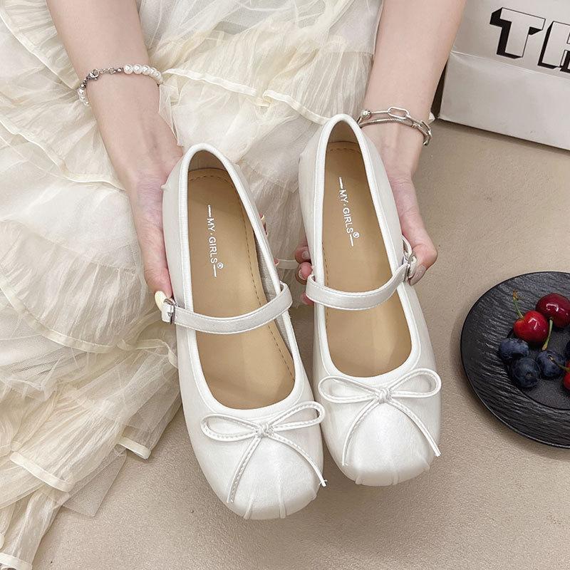 Ballet shoes women's new French one-word with light mouth with skirt single shoes bow flat Mary Jane shoes