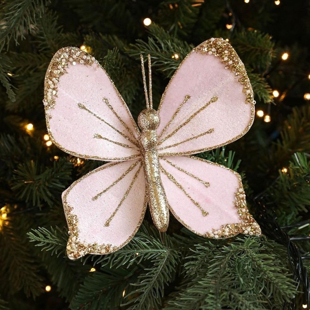 Velvet Butterfly Christmas Flower Flocking Artificial Double Simulation Christmas Decorations Exquisite Sequins Glitter