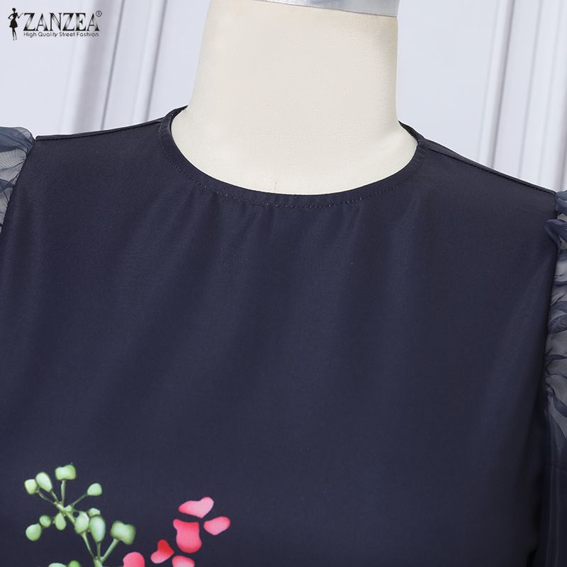 ZANZEA Women Casual Mesh Splice Short Sleeve Summer Floral Dress