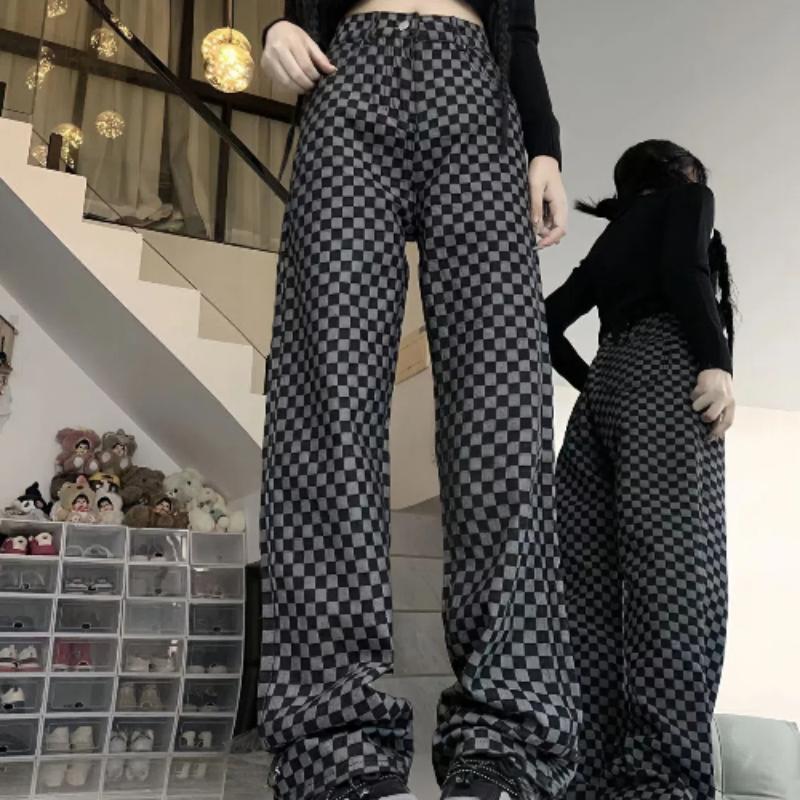 

Ретро клетчатые прямые джинсы с высокой посадкой для женщин, дизайн осень-зима, свободные, зауженные, в клетку, брюки-швабры XL чёрный