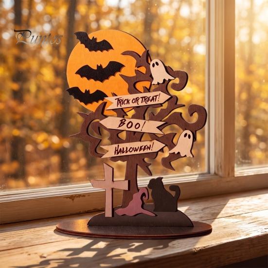 Stable Wooden Desktop Ornaments Halloween Moon Bat Ghost And Dead Tree Tabletop Ornament, Reusable Holiday Wood Crafts Decorative Table Centerpiece