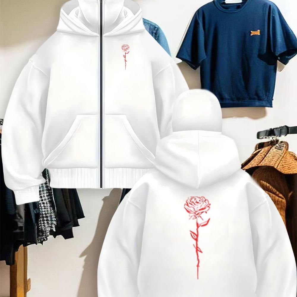 

Мужская куртка с капюшоном на молнии с красной розой и надписями - Ветрозащитное пальто на молнии по всей длине, Застежка-молния спереди XXXL