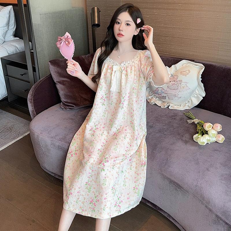 D Oh Mida Summer New Loose Casual Comfortable Cloud Cotton Printing Medium and Long Nightdress Loungewear Pajamas Women