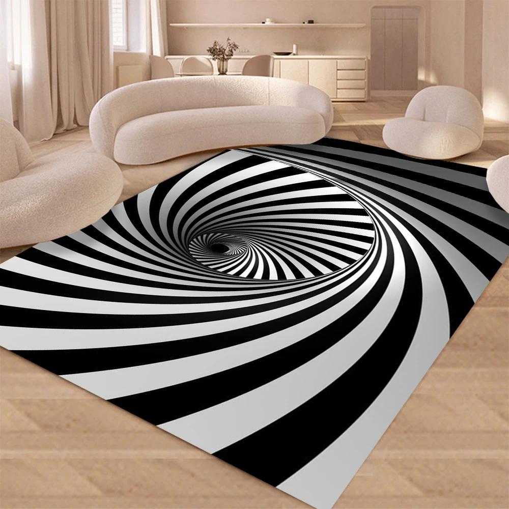 3D Vortex Illusion Area Rug for Bedroom Living Room Non-Slip Floor Mat Black White Geometric Optical Decor