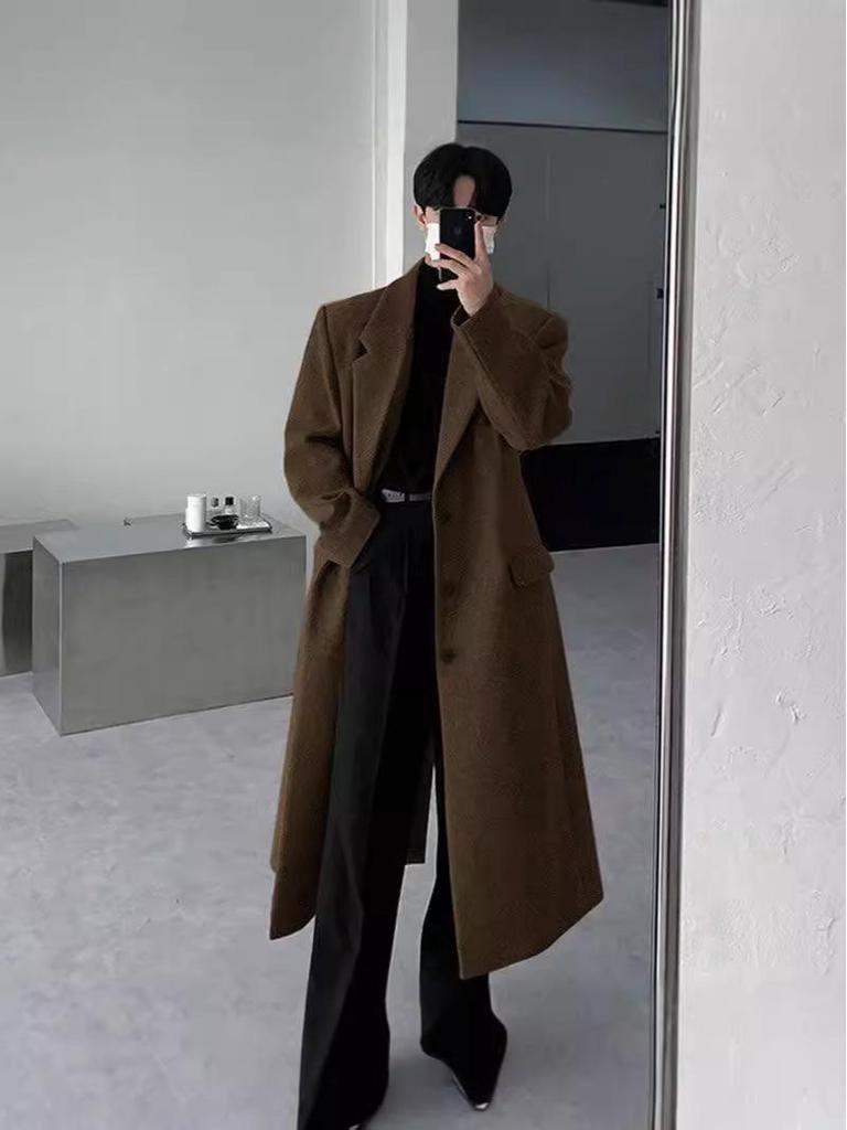 Men's Black Mid-Length Woolen Trench Coat – Autumn/Winter Loose Fit, Thickened Korean Style.